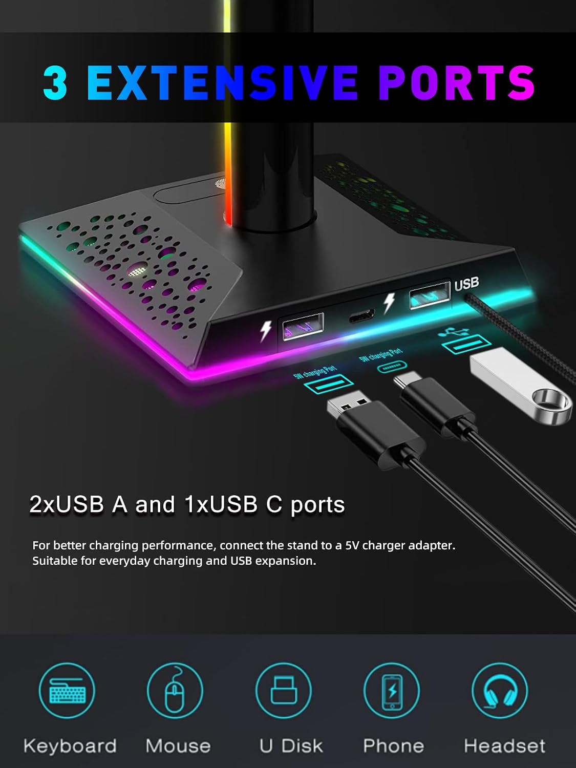 VCOM RGB Gaming Headset Stand with USB Hub - 10 Light Modes, Controller Holder