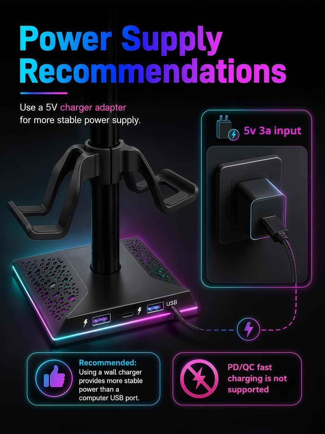 VCOM RGB Gaming Headset Stand with USB Hub - 10 Light Modes, Controller Holder