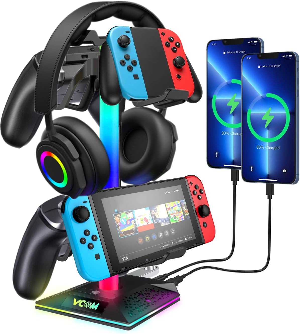 VCOM RGB Gaming Headset Stand with USB Hub - 10 Light Modes, Controller Holder