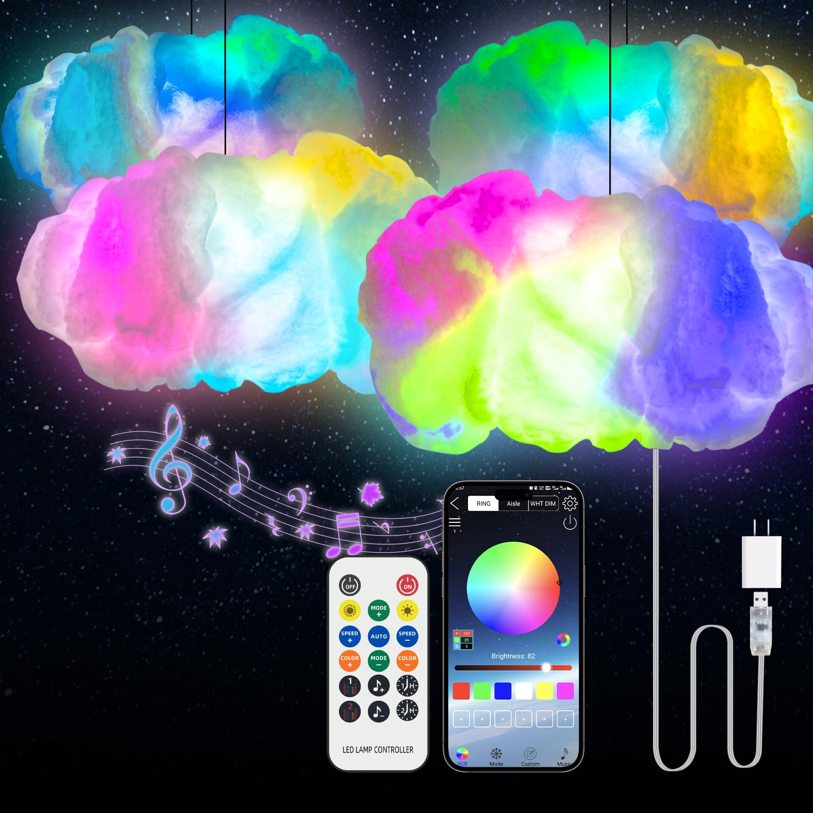 Cloud LED Lights for Bedroom - DIY Aesthetic Mood Light, Music Sync App Control Wall Light, 3D Ceiling Lamp Color Changing Lights, Cool Stuff for Kids Room Decor, Cool lights for Room Decorations