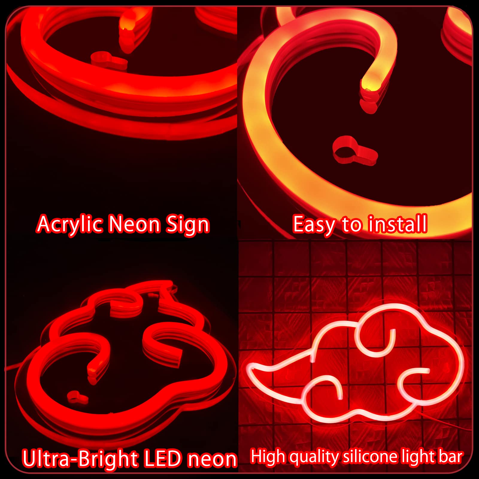 Anime Neon Sign - LED Red Cloud USB Powered Dimmable Wall Light for Gaming Room Decor