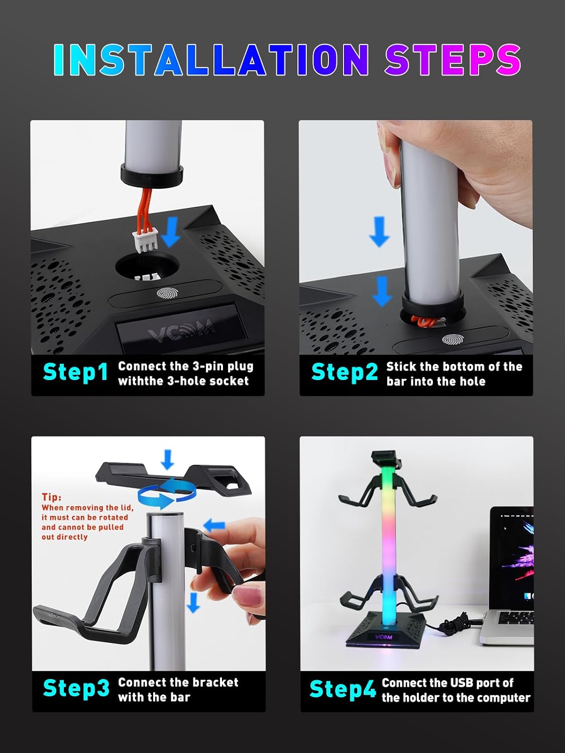 VCOM RGB Gaming Headset Stand with USB Hub - 10 Light Modes, Controller Holder
