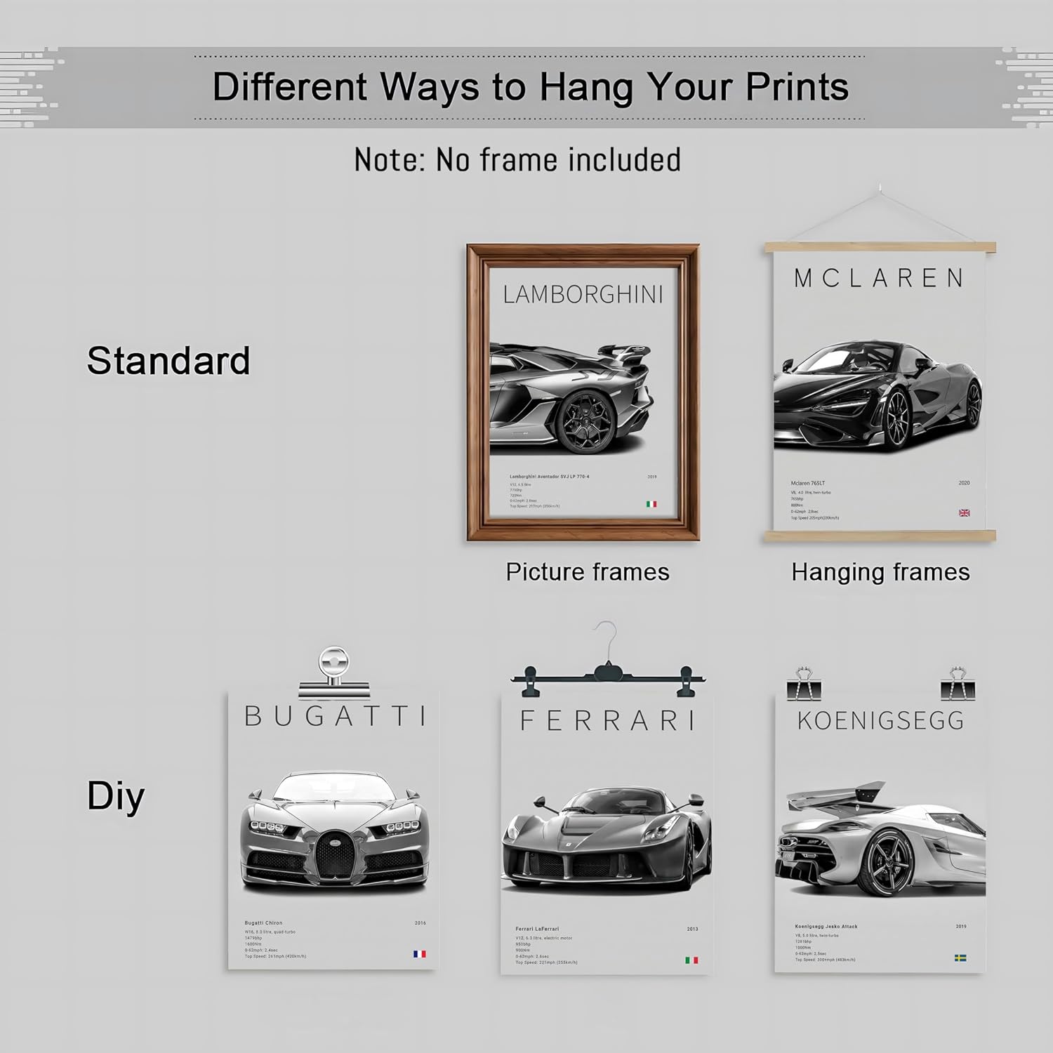 HTTART Car Posters for Boys Room Set of 6, Vintage Race Car Wall Art, Supercar Canvas Wall Decor Pictures, Racing Aesthetic Prints Paintings for Men Room Bedroom Dorm 8x10 Inch Unframed
