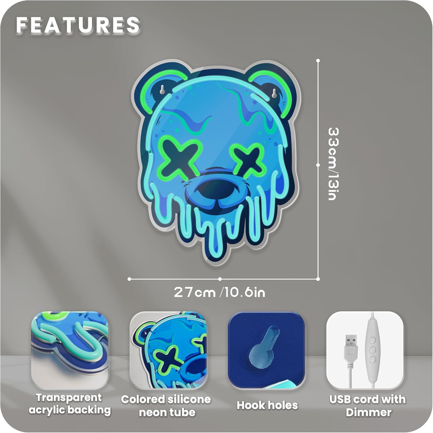 Ice Bear Neon Sign LED Light for Bedroom, Bar, Man Cave - USB Powered, Adjustable Brightness, Wall or Desk Mount - Anime Bear Decor Gift