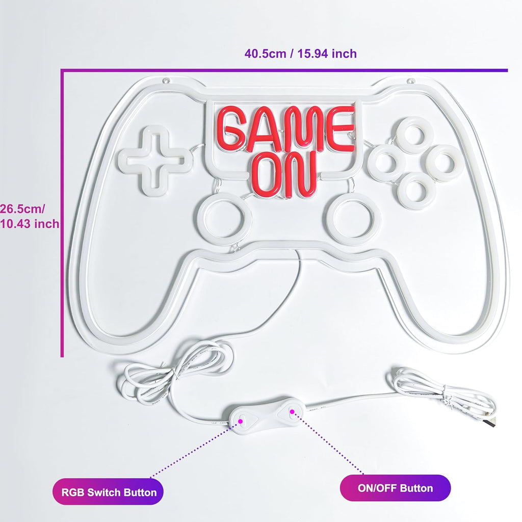 RGB Game Controller Neon Sign - Game On LED Light for Gaming Room Decor