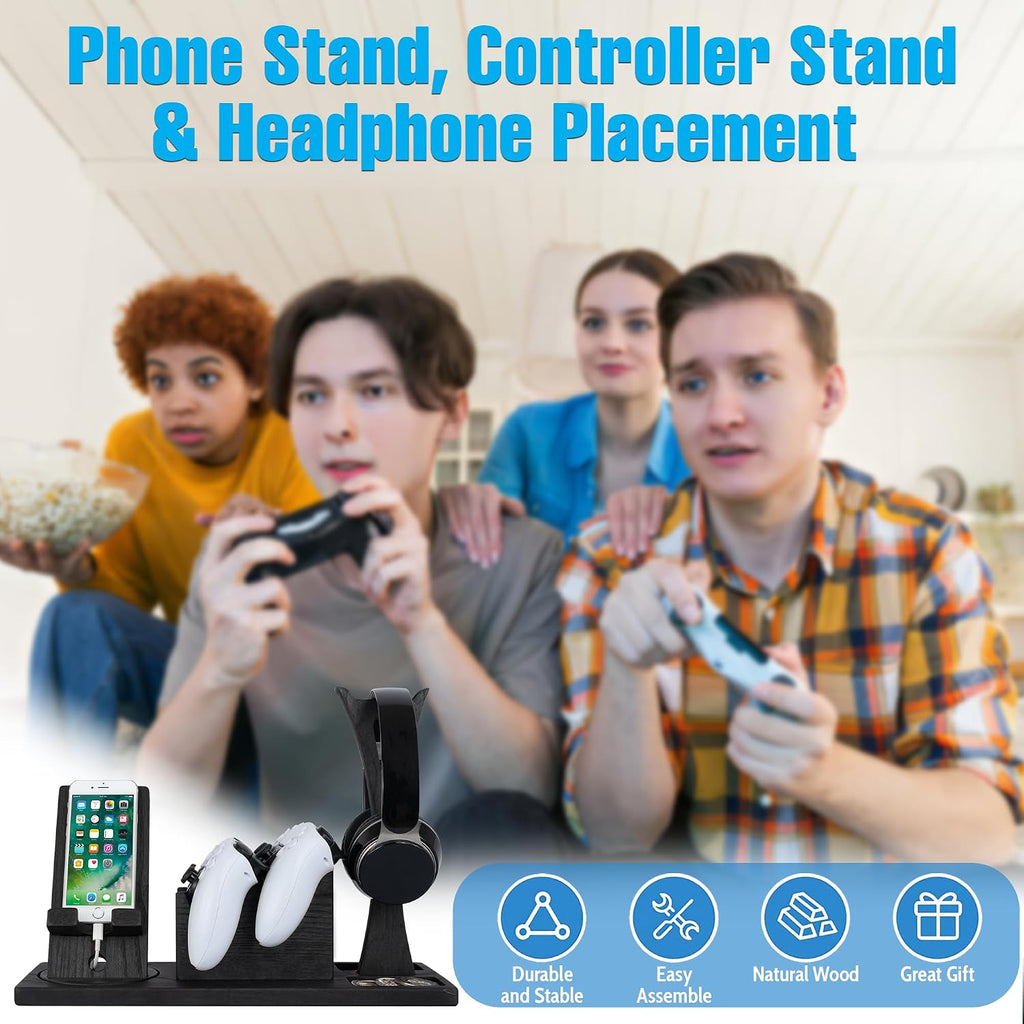 Unique Gift for Gamers, Game Room Decor. Unique Gaming Organizer with Headset Holder, Rotatable Phone Stand & Controller Stand. Wooden Gaming Gadget for Gaming Desktop, Streamer, Teenage Boy