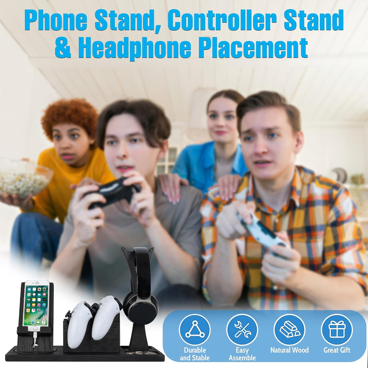 Unique Gift for Gamers, Game Room Decor. Unique Gaming Organizer with Headset Holder, Rotatable Phone Stand & Controller Stand. Wooden Gaming Gadget for Gaming Desktop, Streamer, Teenage Boy