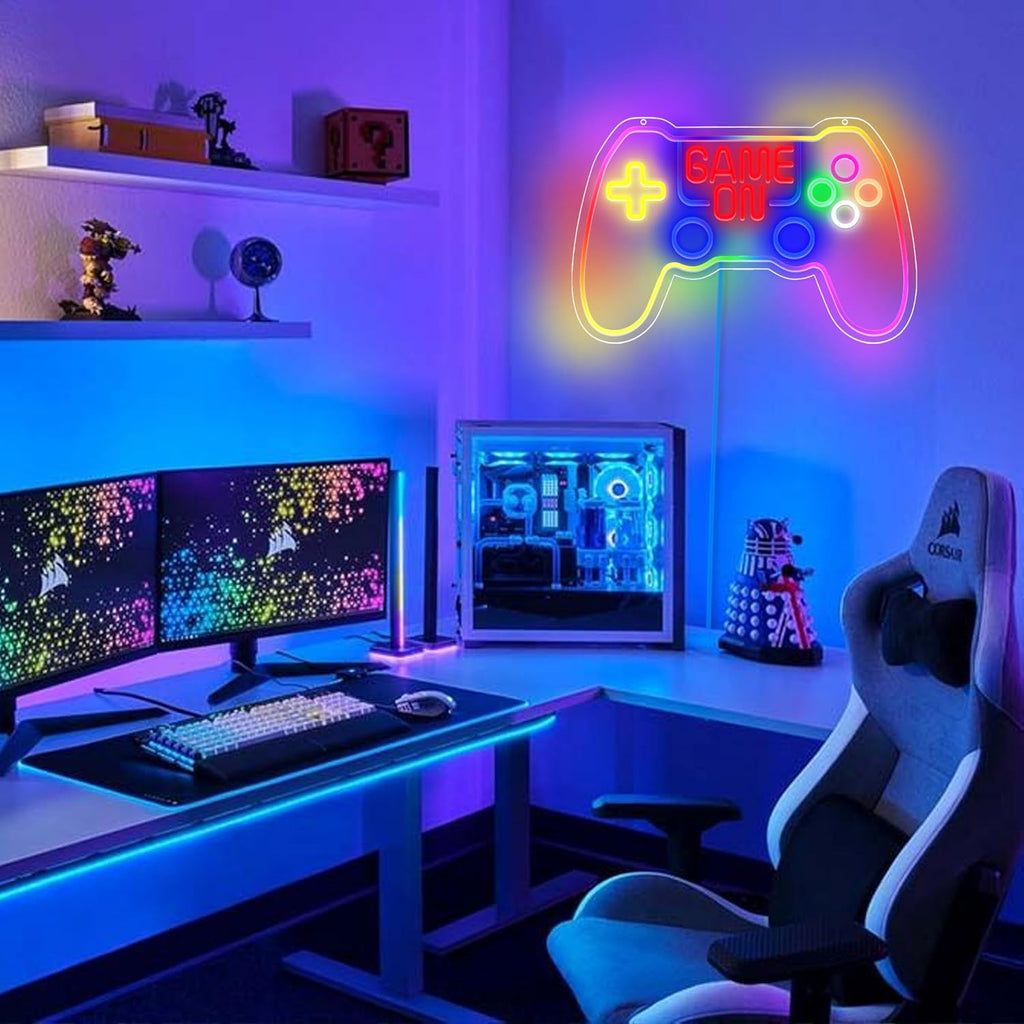 RGB Game Controller Neon Sign - Game On LED Light for Gaming Room Decor