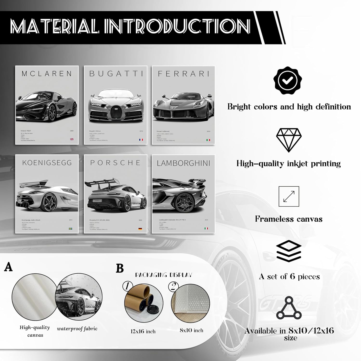 HTTART Car Posters for Boys Room Set of 6, Vintage Race Car Wall Art, Supercar Canvas Wall Decor Pictures, Racing Aesthetic Prints Paintings for Men Room Bedroom Dorm 8x10 Inch Unframed