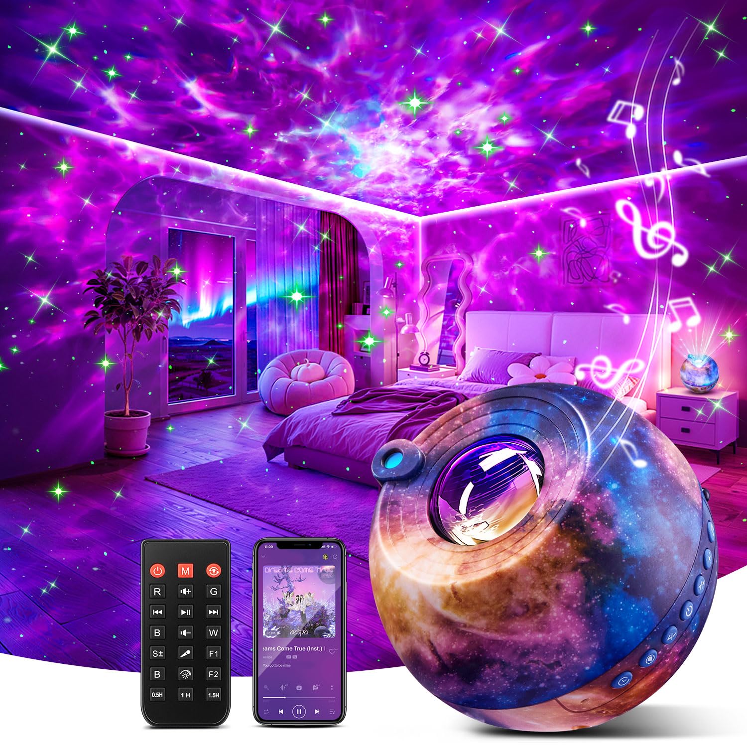 Northern Lights Projector Galaxy Projector with 300+ Light Effects Sound Machine, LED Star Projector Aurora Light, Remote Control, 15 White Noises Bluetooth Speaker Birthday Gifts for Kids Room Decor