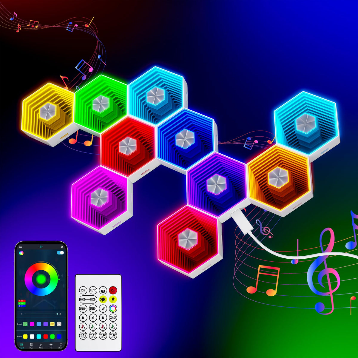 10 Pack Hexagon Led Lights, 110cm Smart Hexagon Light Panels, Hexagon Wall Lights, RGB Color Changing with App & Remote, Music Sync for Gameroom Lighting, Party Decor