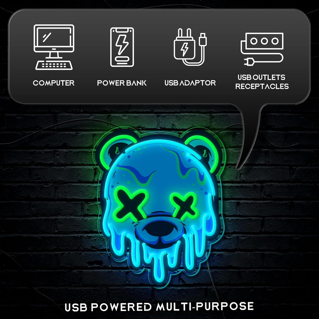 Ice Bear Neon Sign LED Light for Bedroom, Bar, Man Cave - USB Powered, Adjustable Brightness, Wall or Desk Mount - Anime Bear Decor Gift