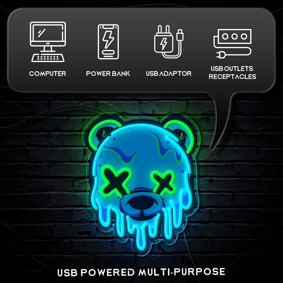 Ice Bear Neon Sign LED Light for Bedroom, Bar, Man Cave - USB Powered, Adjustable Brightness, Wall or Desk Mount - Anime Bear Decor Gift