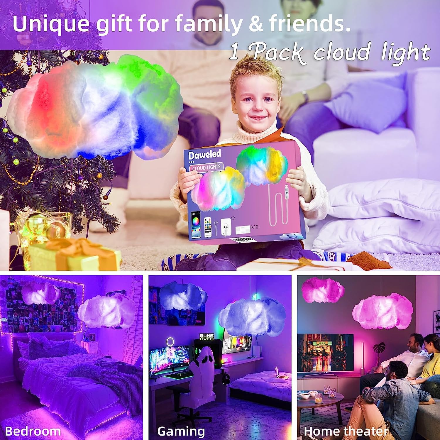 Cloud LED Lights for Bedroom - DIY Aesthetic Mood Light, Music Sync App Control Wall Light, 3D Ceiling Lamp Color Changing Lights, Cool Stuff for Kids Room Decor, Cool lights for Room Decorations