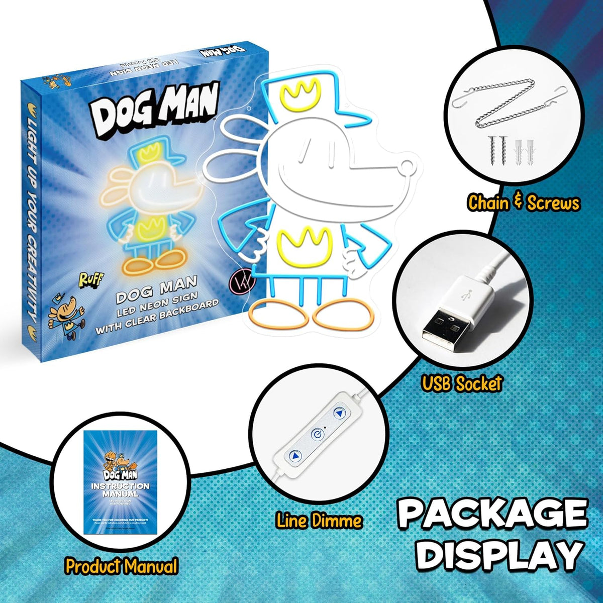 Dog Man LED Neon Sign – Vibrant Kids Bedroom Wall Decor | USB Powered Neon Light