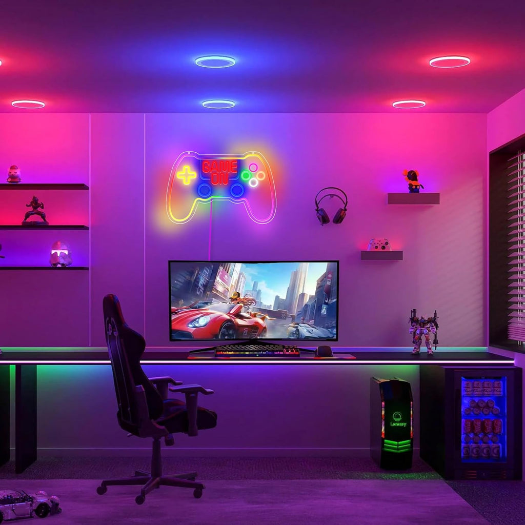 RGB Game Controller Neon Sign - Game On LED Light for Gaming Room Decor