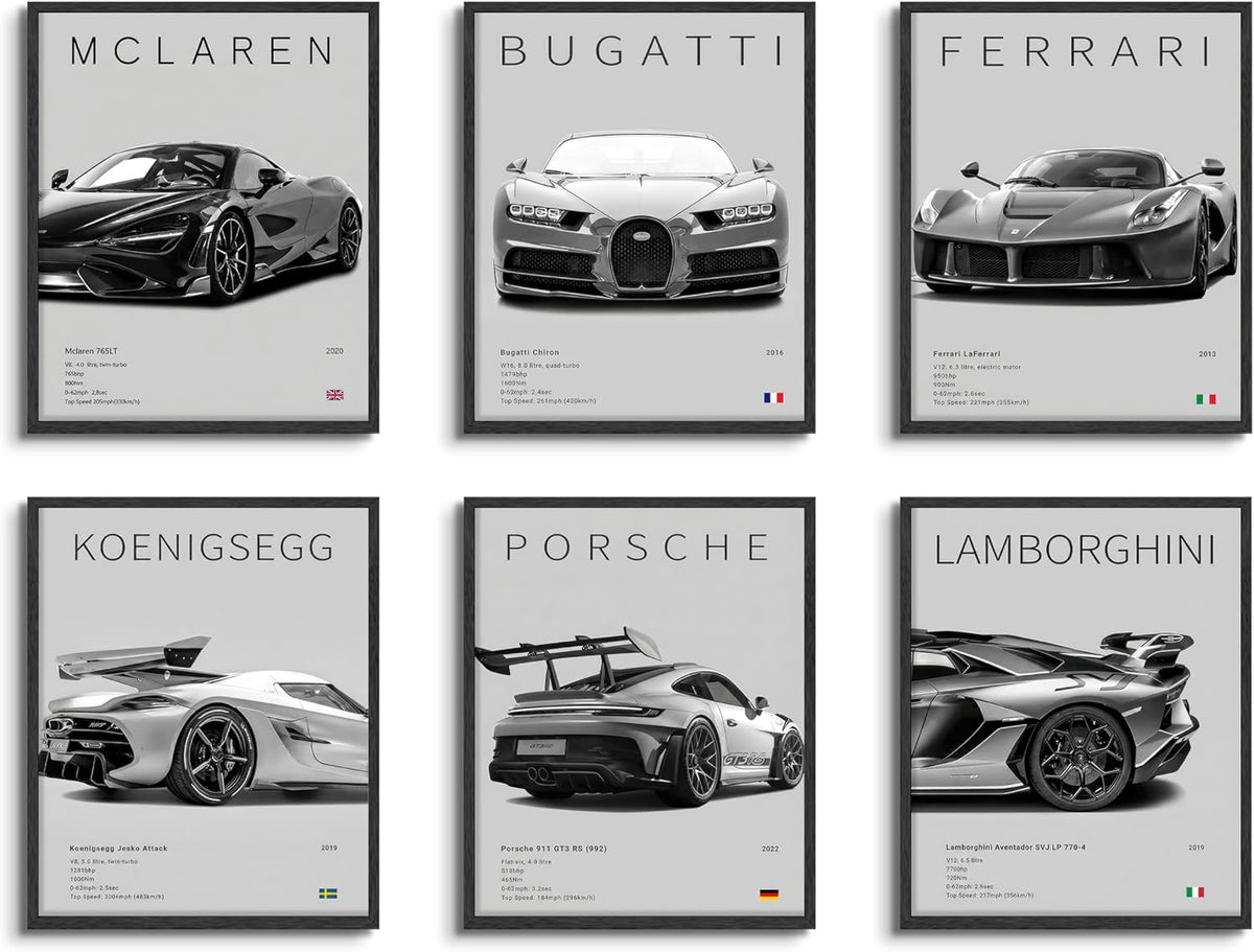 HTTART Car Posters for Boys Room Set of 6, Vintage Race Car Wall Art, Supercar Canvas Wall Decor Pictures, Racing Aesthetic Prints Paintings for Men Room Bedroom Dorm 8x10 Inch Unframed