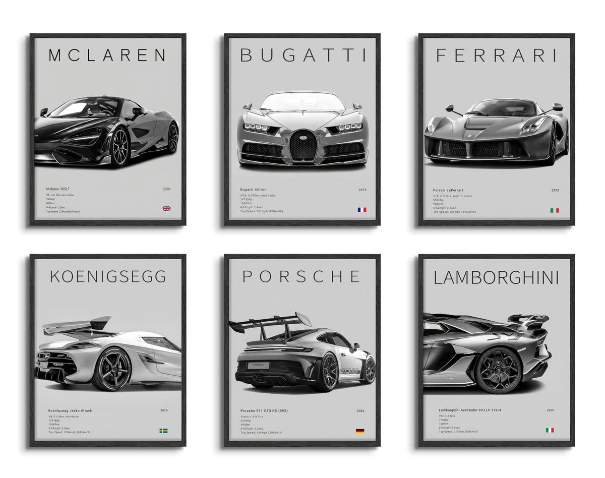 HTTART Car Posters for Boys Room Set of 6, Vintage Race Car Wall Art, Supercar Canvas Wall Decor Pictures, Racing Aesthetic Prints Paintings for Men Room Bedroom Dorm 8x10 Inch Unframed